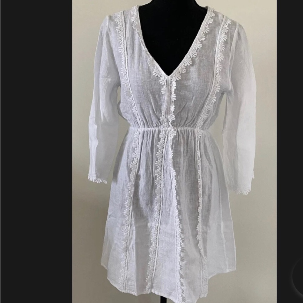 NEW Valentina Naldi Linen White Long Sleeve Scalloped Lace Swim Coverup Dress L